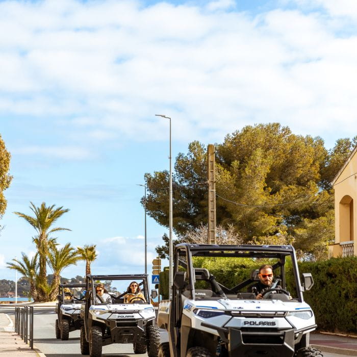 Vue de partie route pour la balade en buggy électrique avec Esterel Aventures, une partie de la balade se déroule en bord de mer avec des palmiers et la rade d'Agay