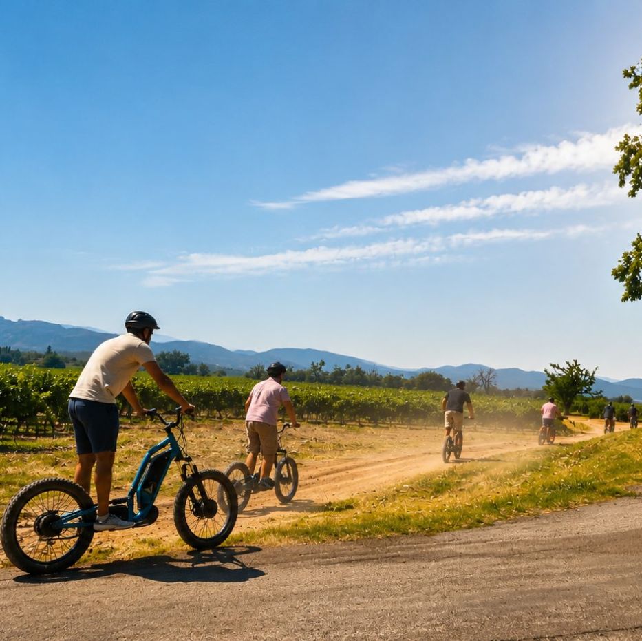Balade en trottinette électrique tout-terrain sur une piste entre les vignes du Château des Demoiselles (Var)