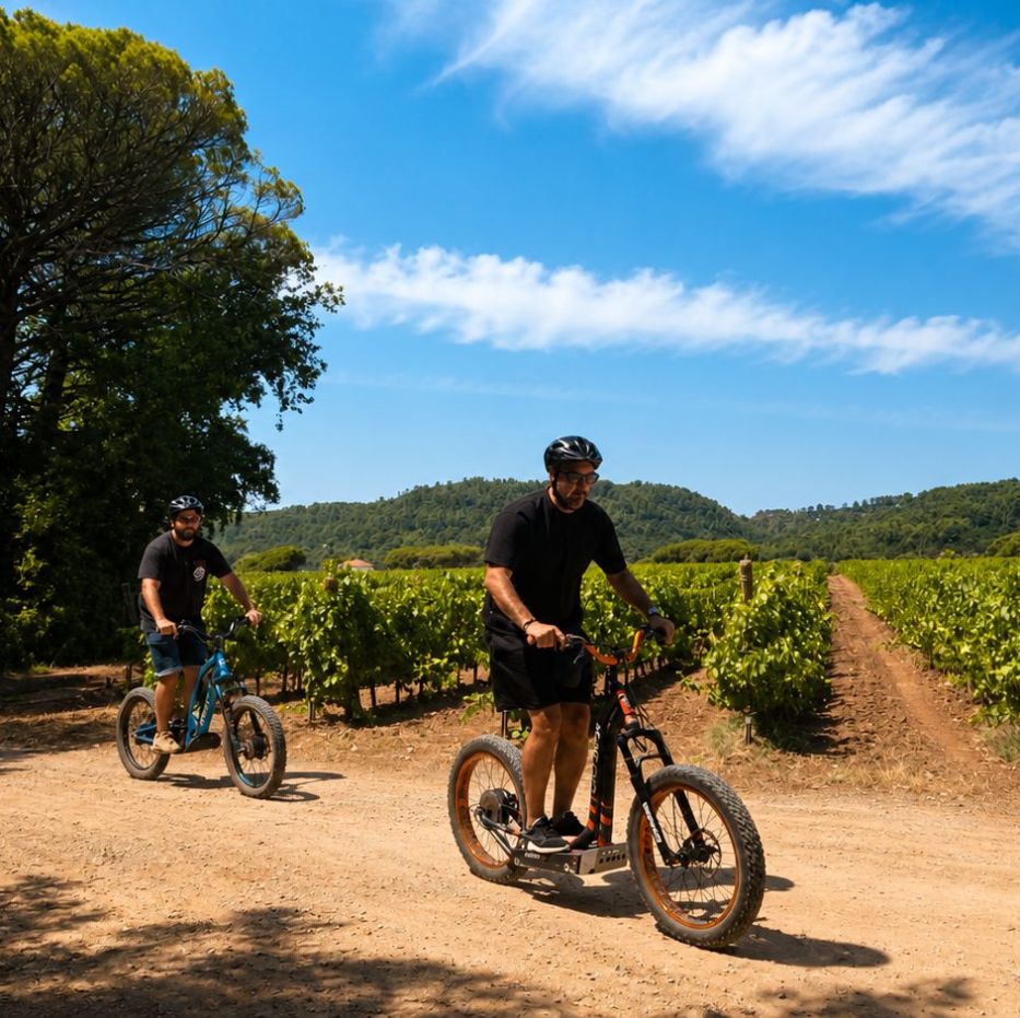 Groupe en randonnée en trottinette électrique tout-terrain sur un chemin de vignes à La Motte (Var)
