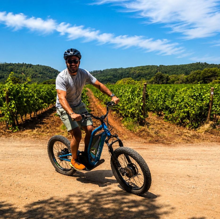 Participant sur sa trottinette électrique tout-terrain au milieu des vignes du Château des Demoiselles